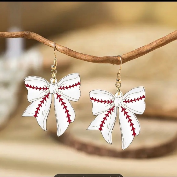 Jewelry - White Bow Baseball Stitch Drop Earrings by